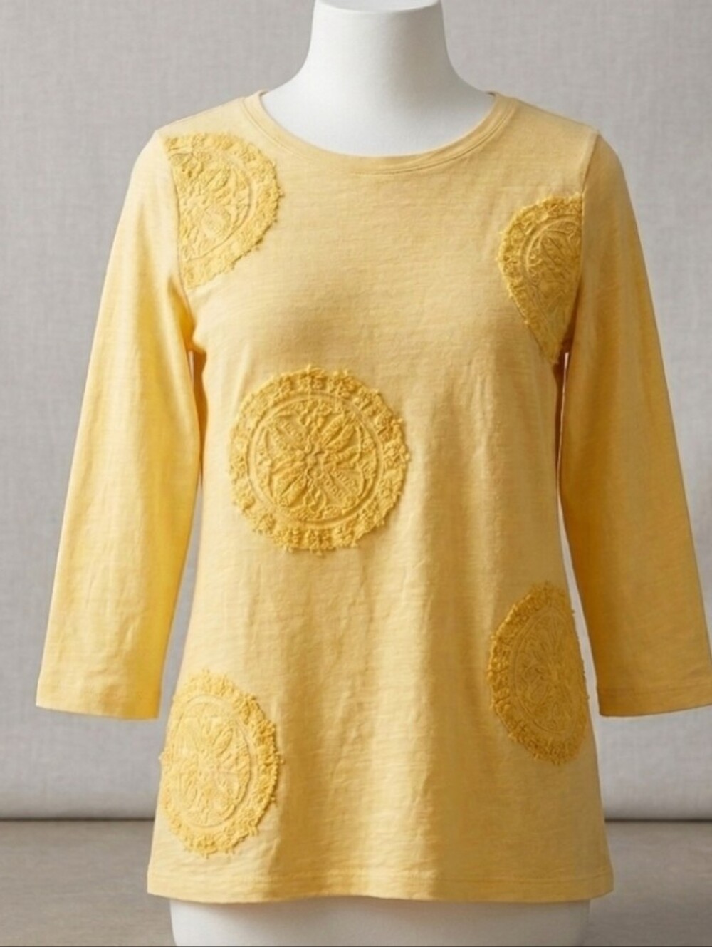 Charter Club Yellow Cotton Tunic Top 3/4 Sleeve Medallion Embroidered Small